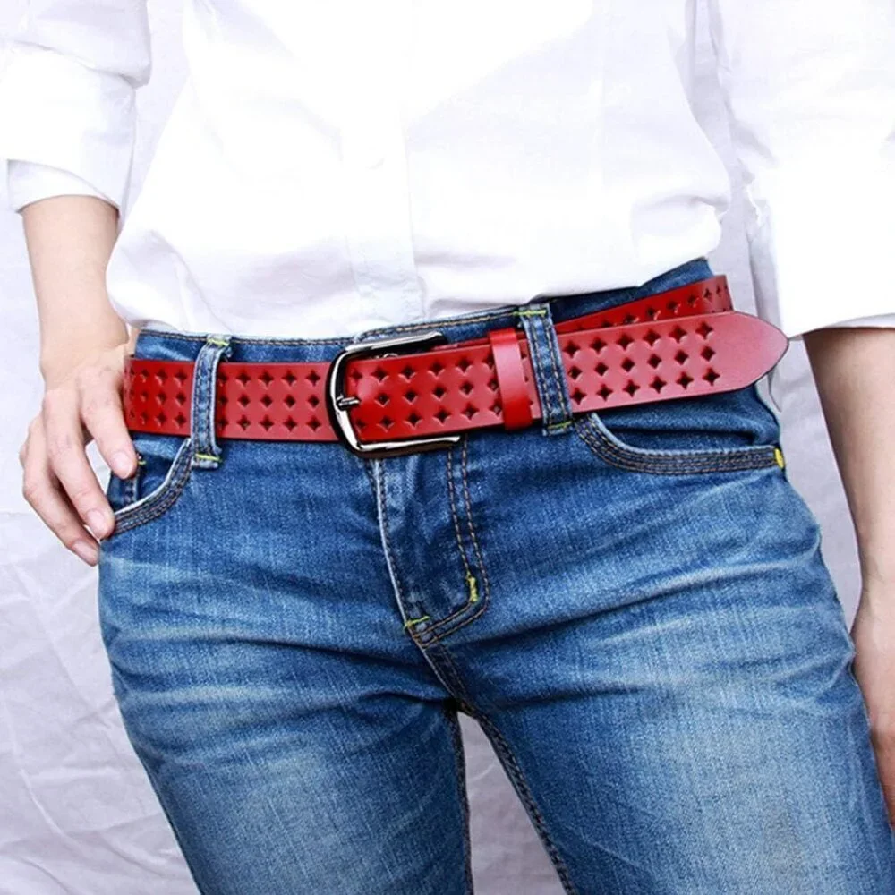 Women's Red Soft Genuine Leather Belts with Pin Buckle Comfortable
